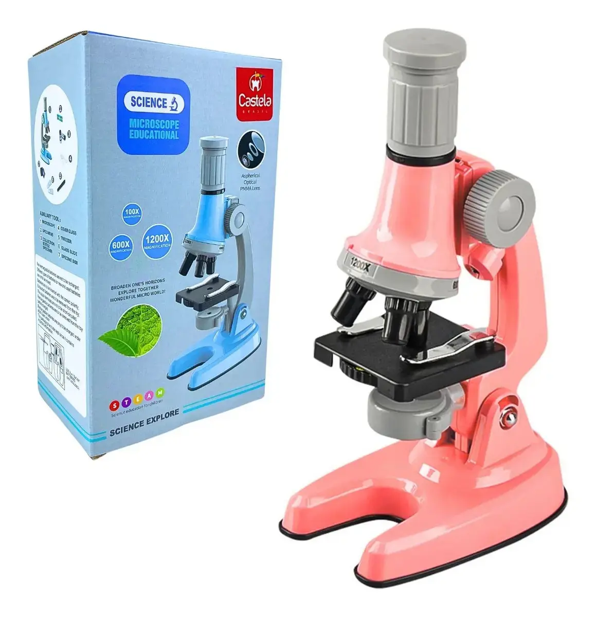 Microscópio Infantil Rosa Didático Educacional 100x 600x 1200x Kit Completo com Lâminas e Acessórios – Castela