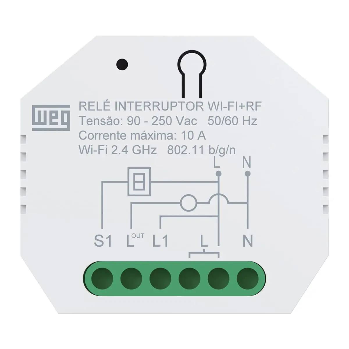 Interruptor Inteligente Wi-Fi + RF 1 Canal 10A WEG Home | Contato Seco | Alexa e Google Assistente | Bivolt | Instalação em Trilho DIN, Gesso ou Caixa 4x2 | Branco