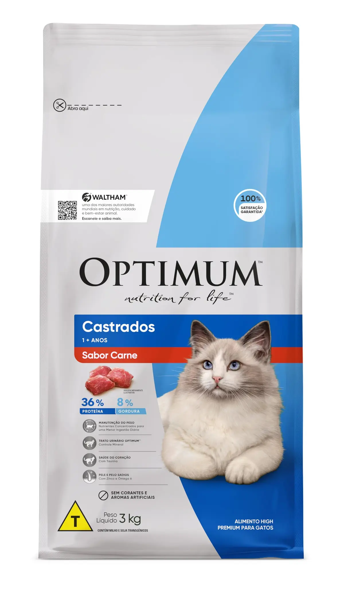 Ração Optimum para Gatos Adultos Castrados Sabor Carne 3kg