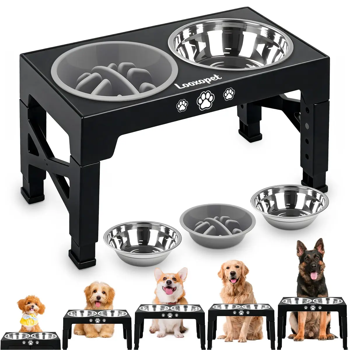 Comedouro Elevado para Cães, 5 Alturas, Lento e 2 Tigelas Inox, Preto | Antiderrapante,Fácil de limpar, Dobrável
