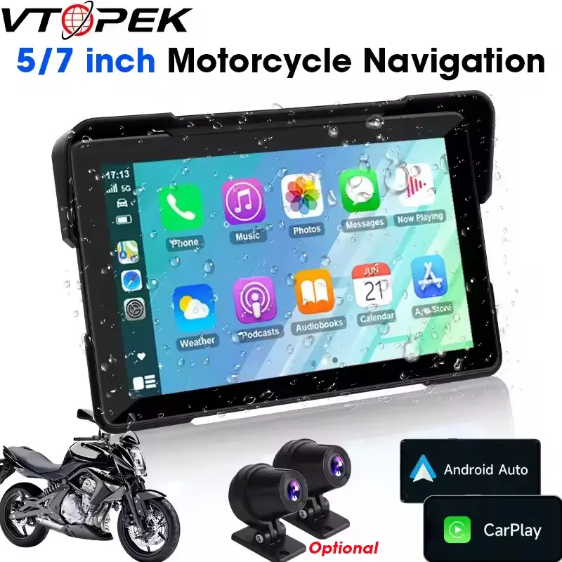 Vtopek 5 "/7" polegadas motocicleta dvr navegação gps reprodutor multimídia sem fio carplay android auto ipx7 gravador de tela à prova dwaterproof água - 1