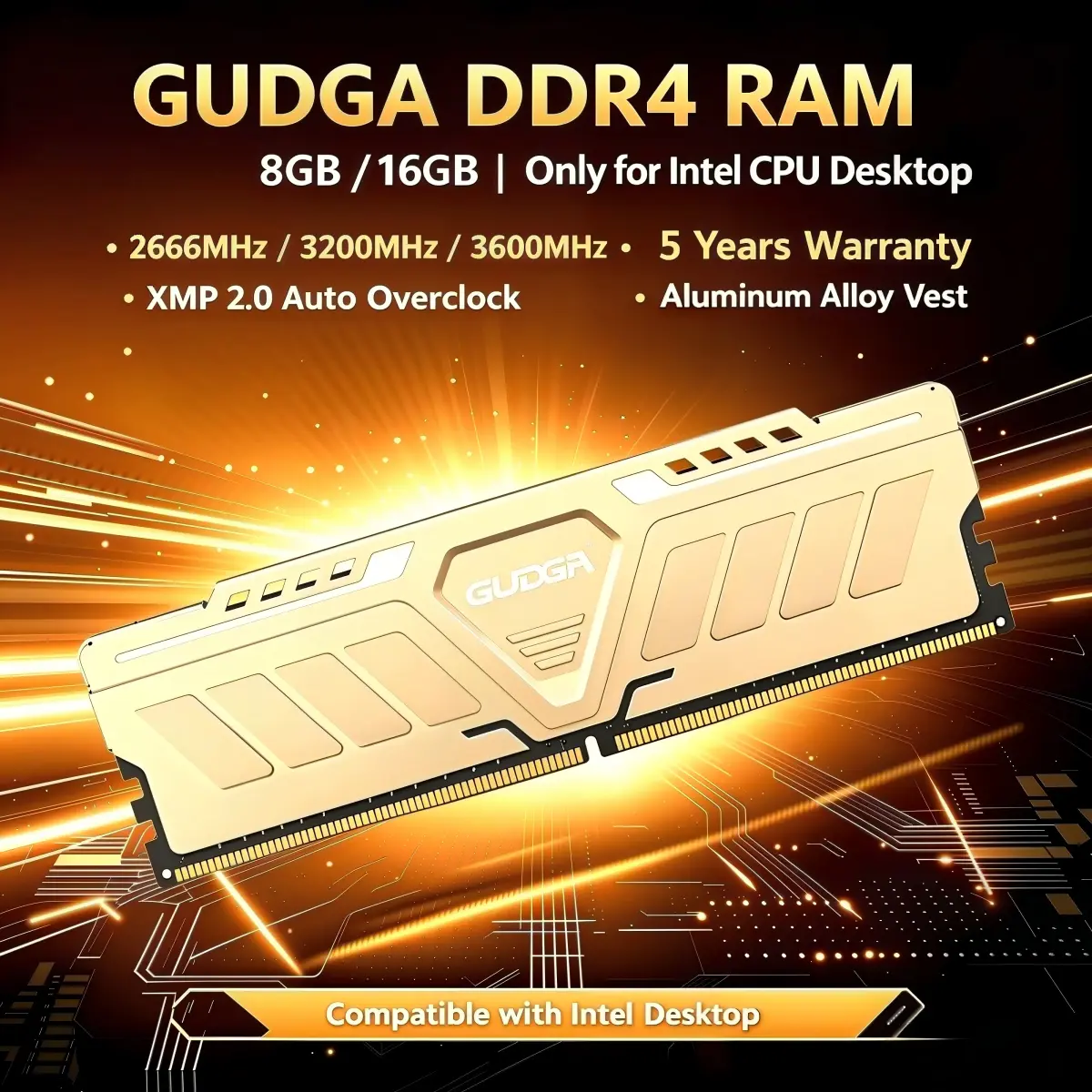 Memória RAM GUDGA DDR4 8GB/16GB/32GB 2666 3200 3600 4000mhz 1.2V/1.35V 288Pin DIMM Para Computadores Desktop Intel