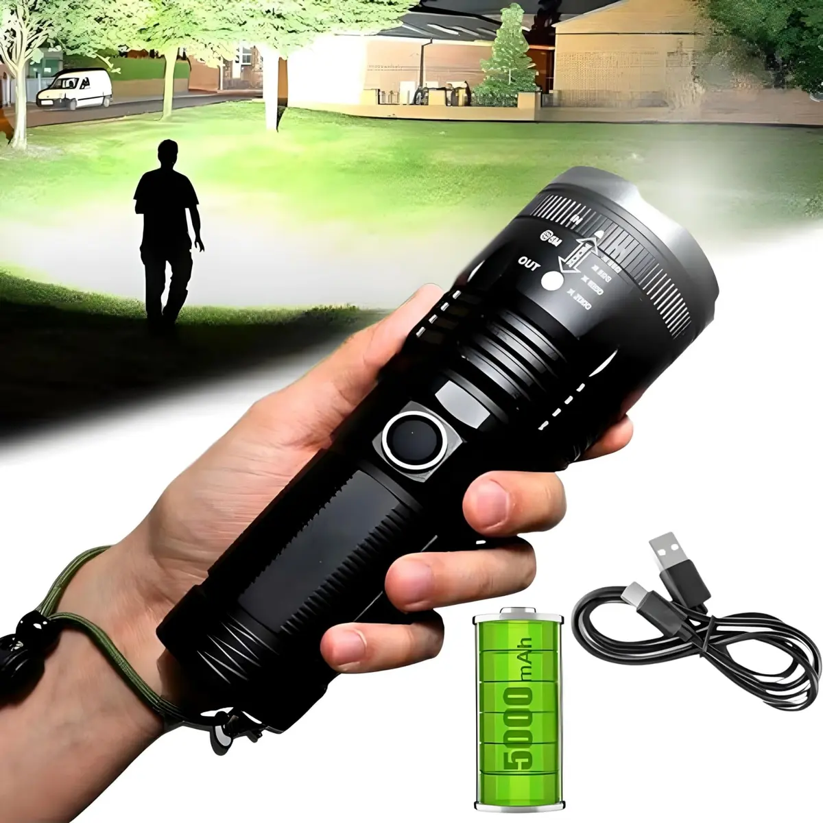 Lanterna Tática Militar LED Recarregável USB-C, Power Bank e Zoom Ajustável | Resistente à água, com 4 modos de luz, strobo e SOS para camping, trilha, pesca, emergência e uso externo. - 1