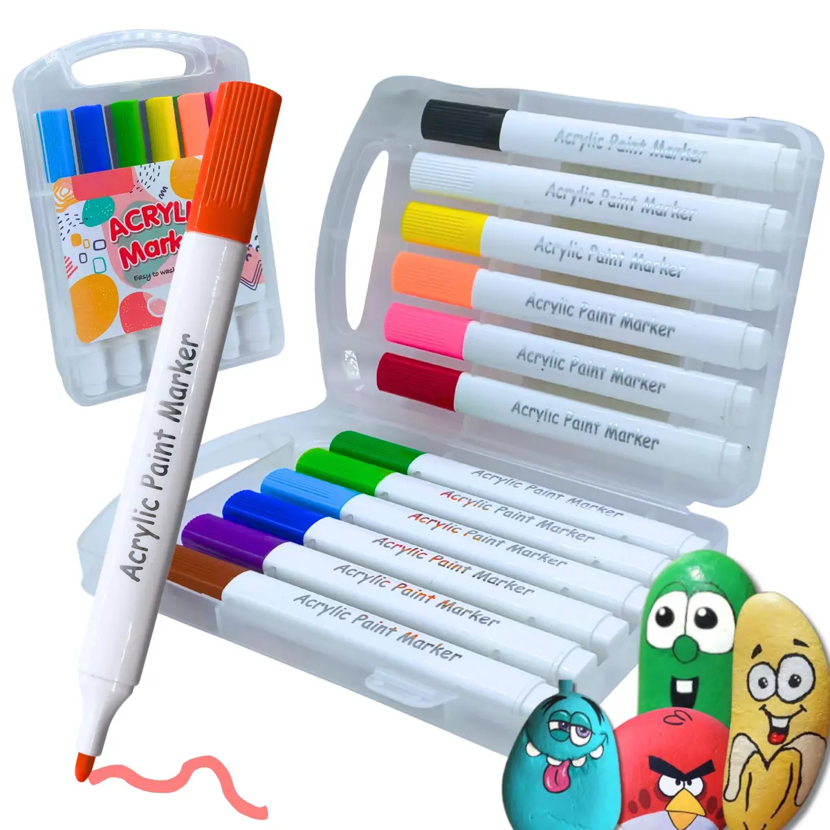 Kit 12 Marcadores Tinta Acrílica Base Água Ponta Média Corpo Triangular | Tinta acrílica à base de água; ponta média; corpo triangular; 12 cores para madeira tela vidro cerâmica papel e cartão