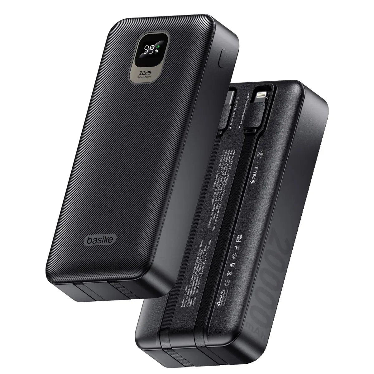 Basike Power Bank 20000mAh, Carregamento Rápido 22,5W, 2 Cabos Integrados | Carregador Portátil Universal, USB-A(até 22.5W)+USB-C(até PD20W), Led Indicador de Bateria para iPhone/Samsung/Xiaomi, Preto