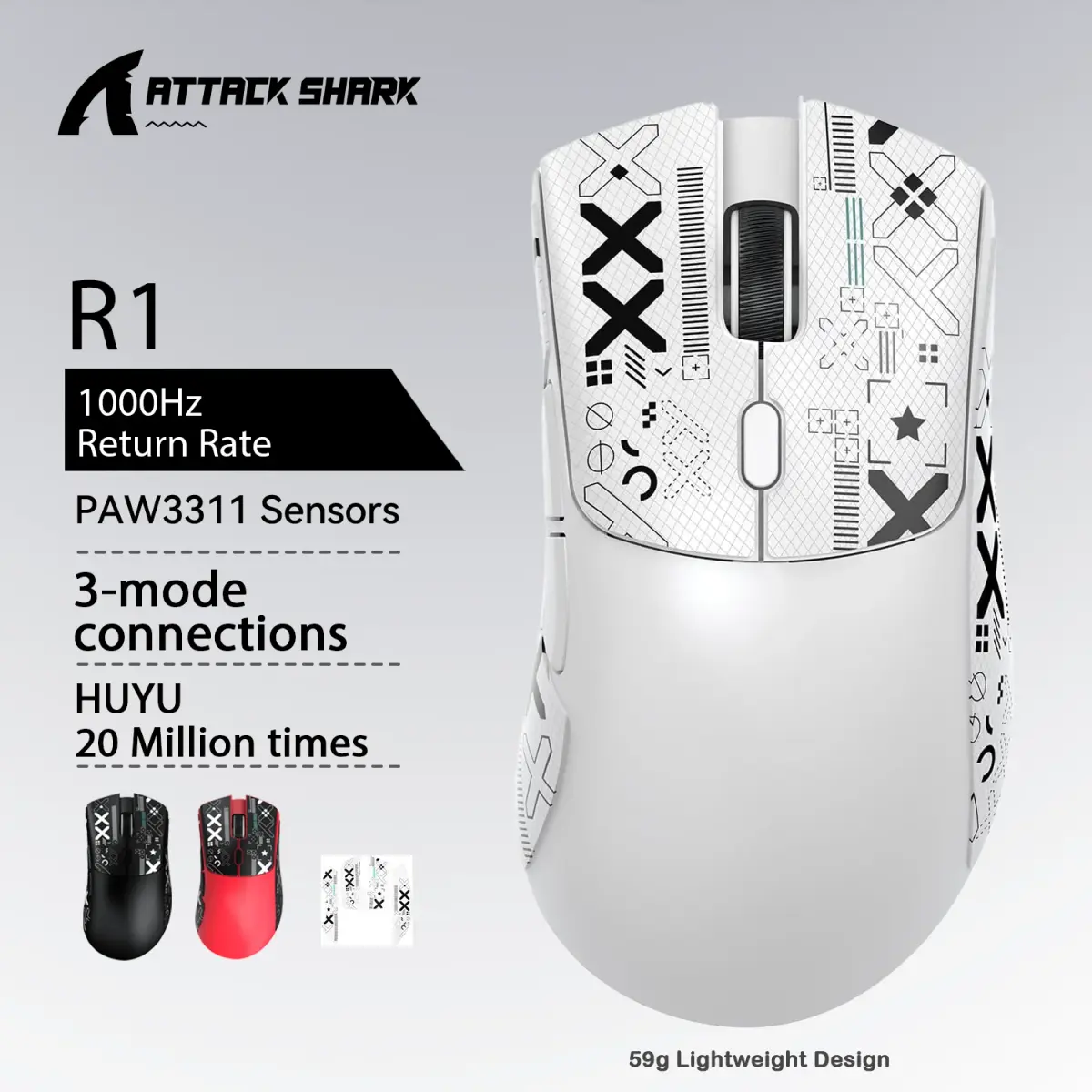 Mouse para jogos sem fio Attack Shark R1 X11, 18K DPI PAW3311, Tri-Mode Bluetooth/2,4 GHz/com fio, leve, mouse para jogos macro - 1