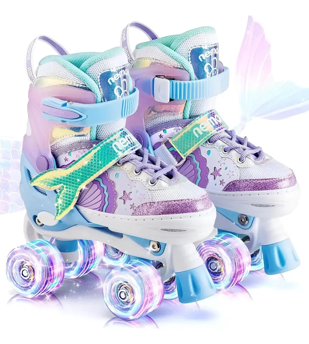 Patins 4 Rodas Bamwei Infantil Ajustável, Com Luzes de Led e Estampa de Sereia