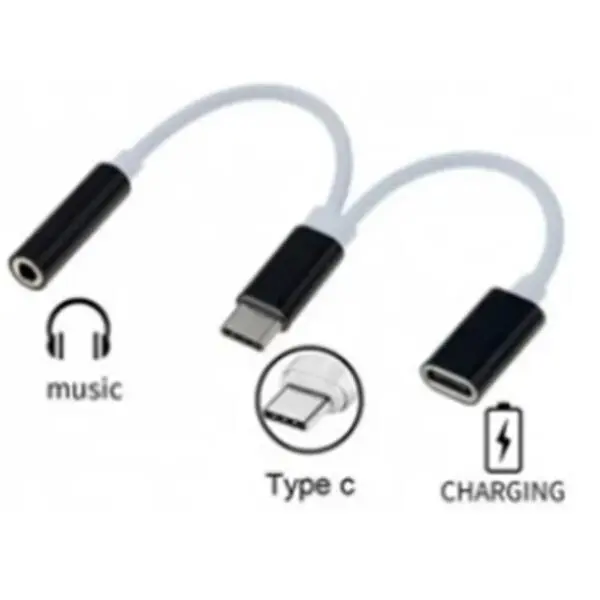 Cabo Adaptador Pra Fone Com Saida Tipe C Duplo Carrega E P2 - 1