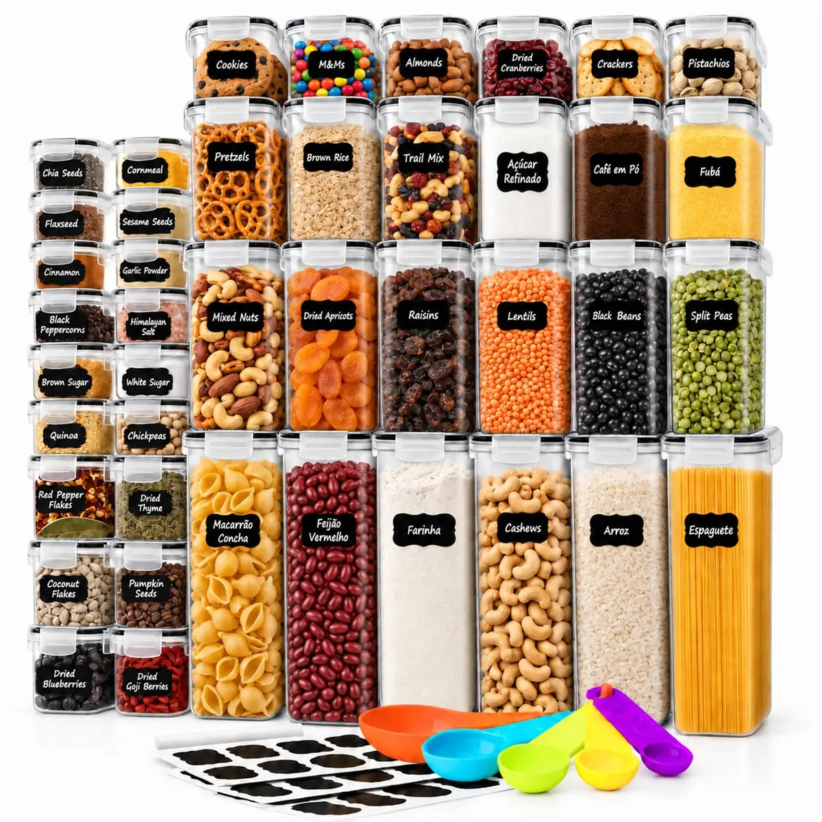 Kit 42 Potes Herméticos Porta Mantimento Organizadores Despensa Cozinha | 7 Tamanhos com 4 Travas, Caneta e Colheres Dosadoras. Plástico Transparente Livre de BPA para Organizar Alimentos. - 1