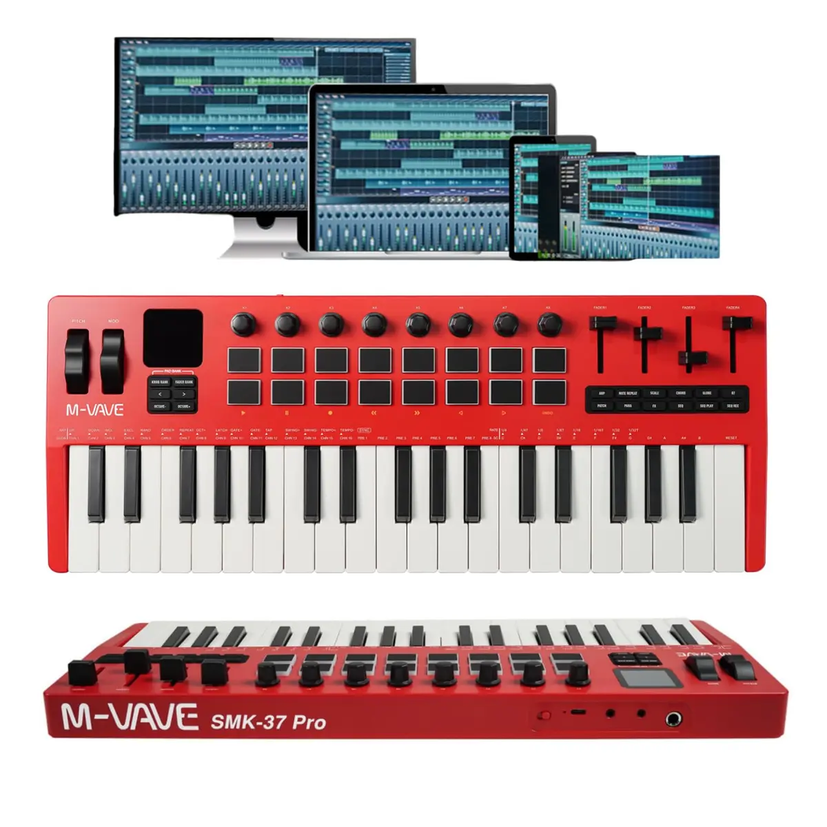 M-VAVE SMK-37 PRO Controlador MIDI Teclado 37 Teclas Sensíveis, 16 Pads RGB Sensor de Força, Interface Áudio USB-C, Conexão Wireless, Bateria, Profissional Compatível com todas as DAWs, Vermelho - 1