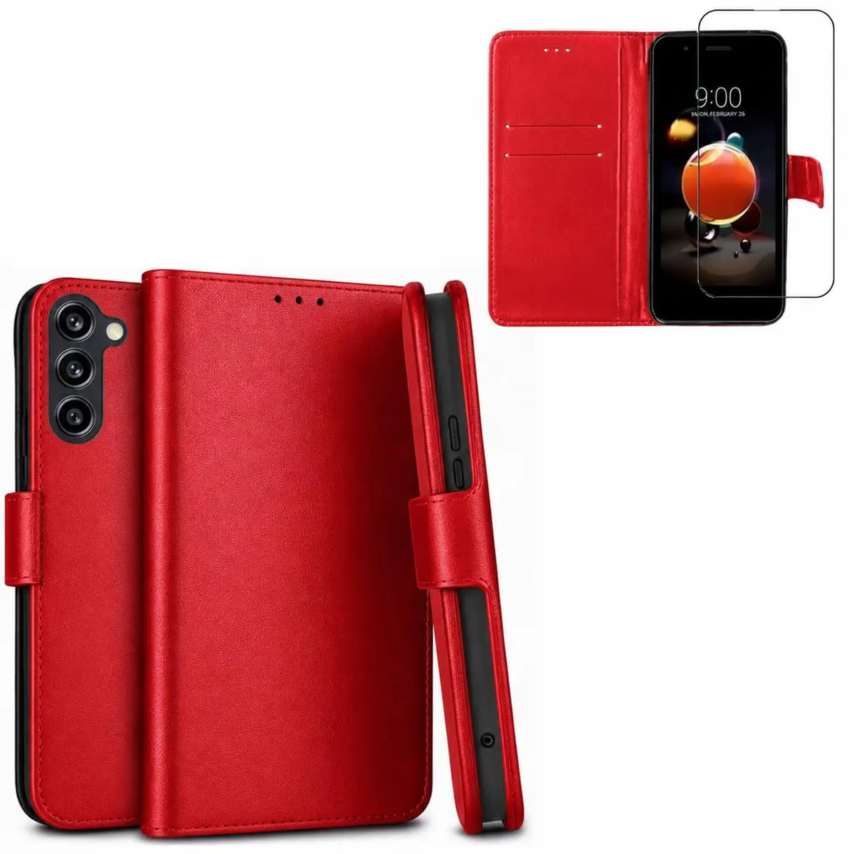 Kit Capa Carteira em Couro Premium para Samsung Galaxy A17 + Película Cerâmica Premium 9D | Case Flip Anti-Impacto com Fechamento Magnético, Porta Cartões, Suporte e Acabamento Executivo. (Vermelho)