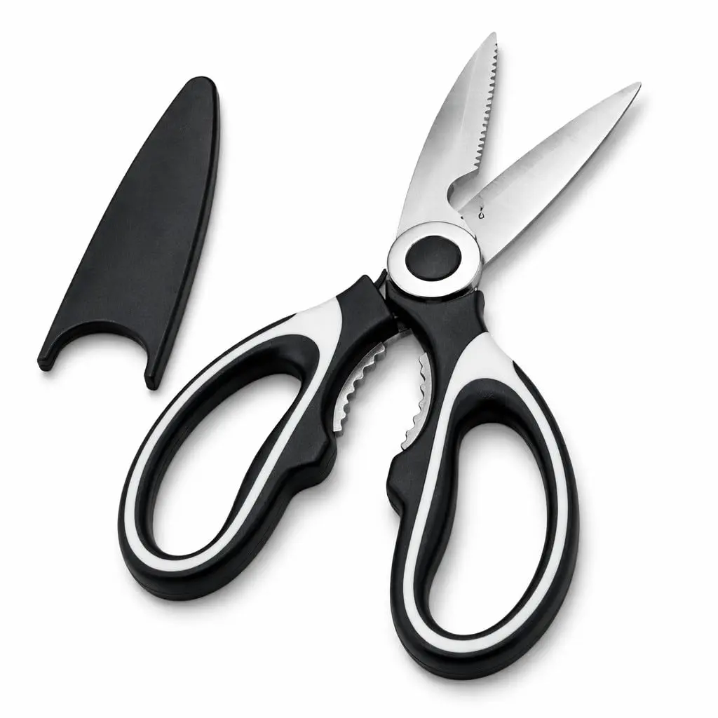 Tesoura de Cozinha Multifuncional Aço Inox Corta Frango Quebra Nozes Abridor de Garrafa com Tampa Protetora - 1