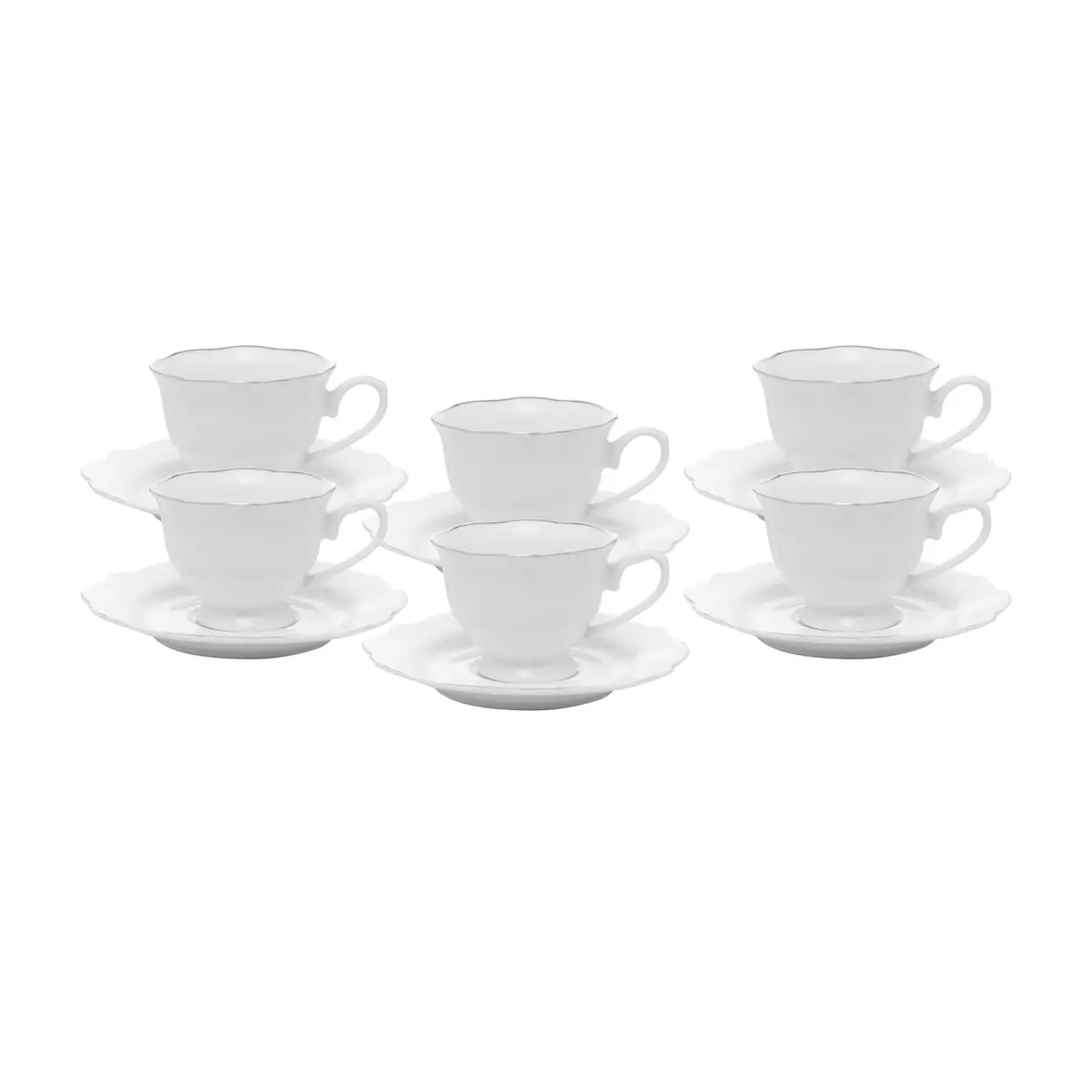 WOLFF - Conjunto 6 Xícaras de Café de Porcelana com Pires Branco com Fio Prata Maldivas 80ml