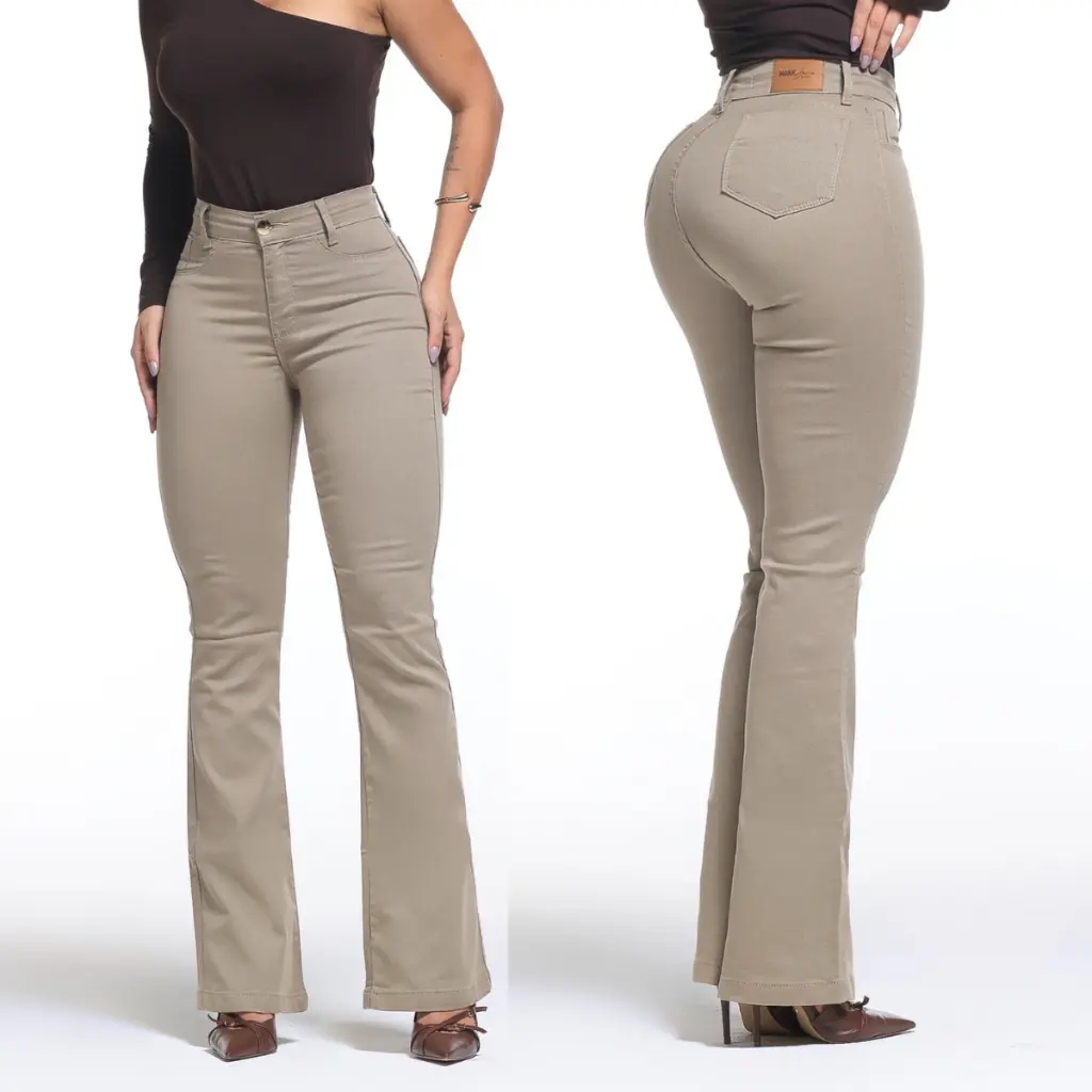 Calça Feminina Flare Pantalona Bege Jeans Premium Empina Bumbum Boca de Sino Cos Alto Com Elastano - 1