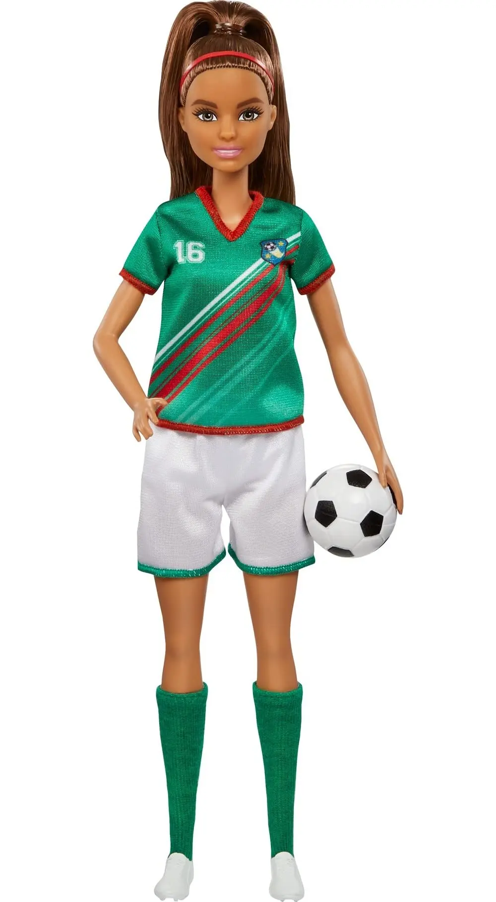 Boneca Barbie Profissões Jogadora de Futebol Mattel. Uniforme Verde, bola | Boneca morena moderna com uniforme, chuteiras e bola de futebol, a partir de 3 anos