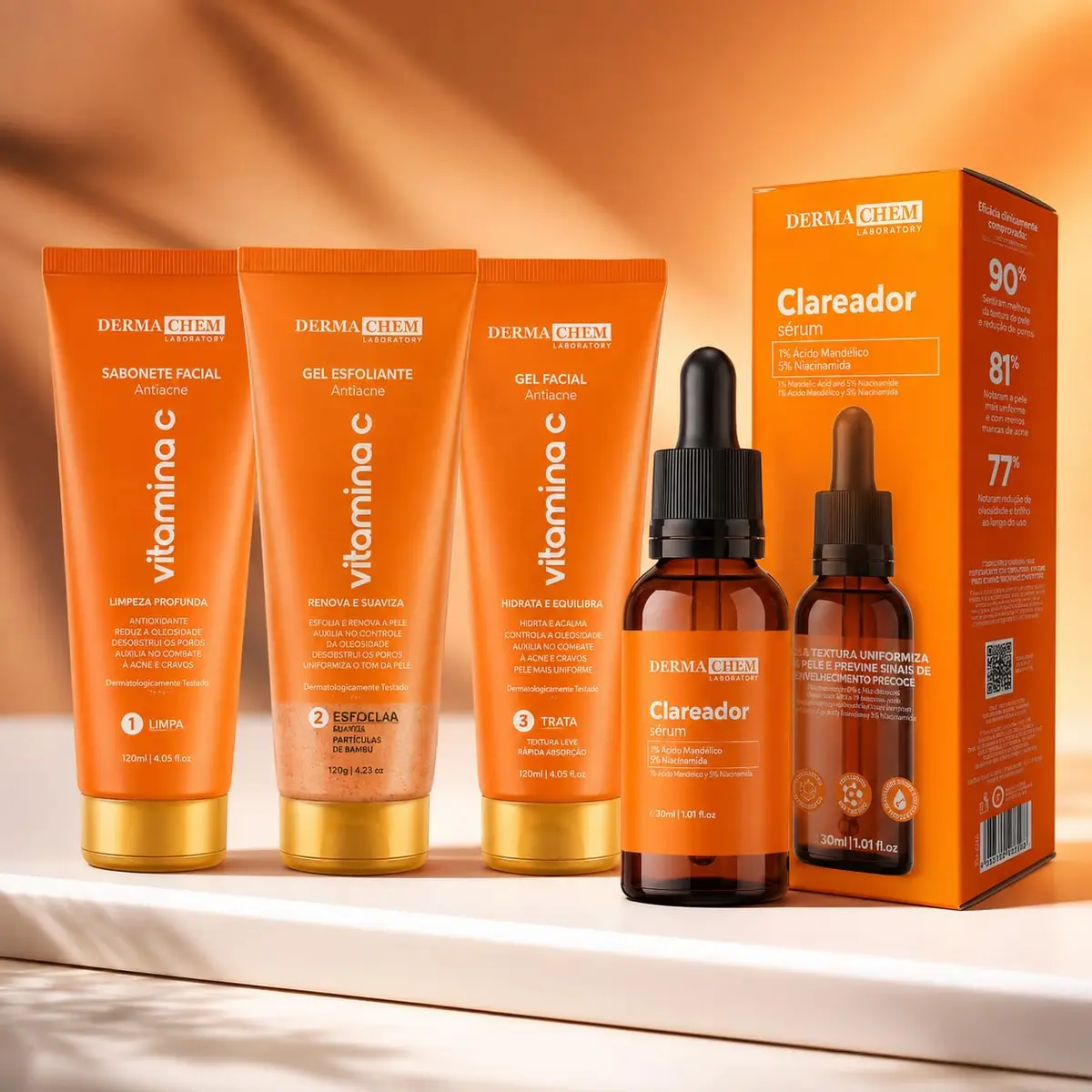 Kit Skincare Vitamina C Sabonete+Esfoliante+Gel Hidratante+Serum Clareador Dermachem