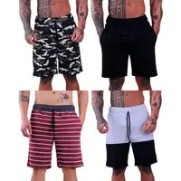 Kit 4 Bermuda Moletom e Moletinho MXD Conceito Academia Musculação Preto, Listrado Bordô, Camuflado Verde e Bicolor Alvejado/Preto - 1