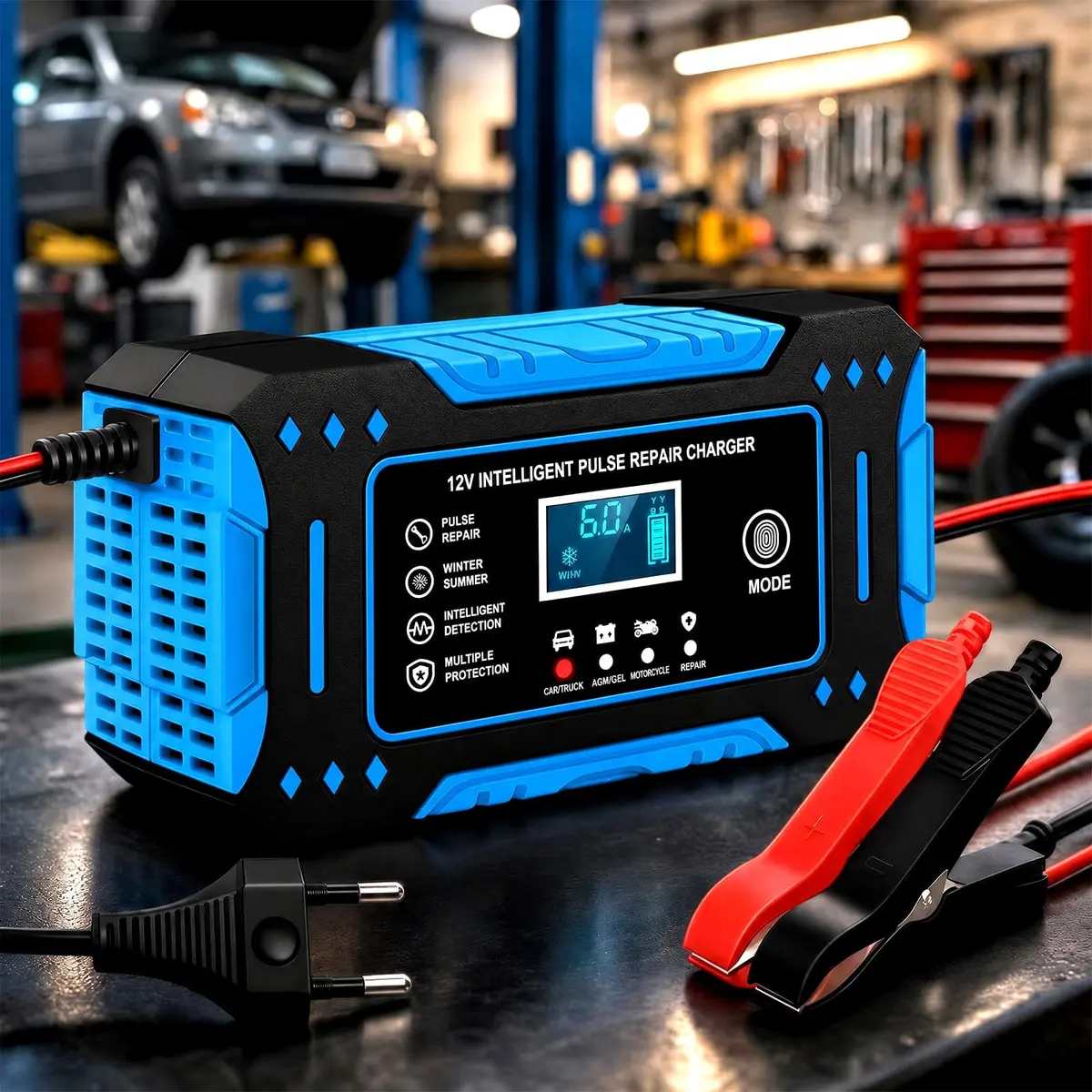 Carregador De Bateria Automotivo, Bivolt, Inteligente 12V 6A Para Carros E Motos Com Tela Digital, Sobrecarga Superaquecimento, Linha Premium Automotiva (Azul Céu) - 1