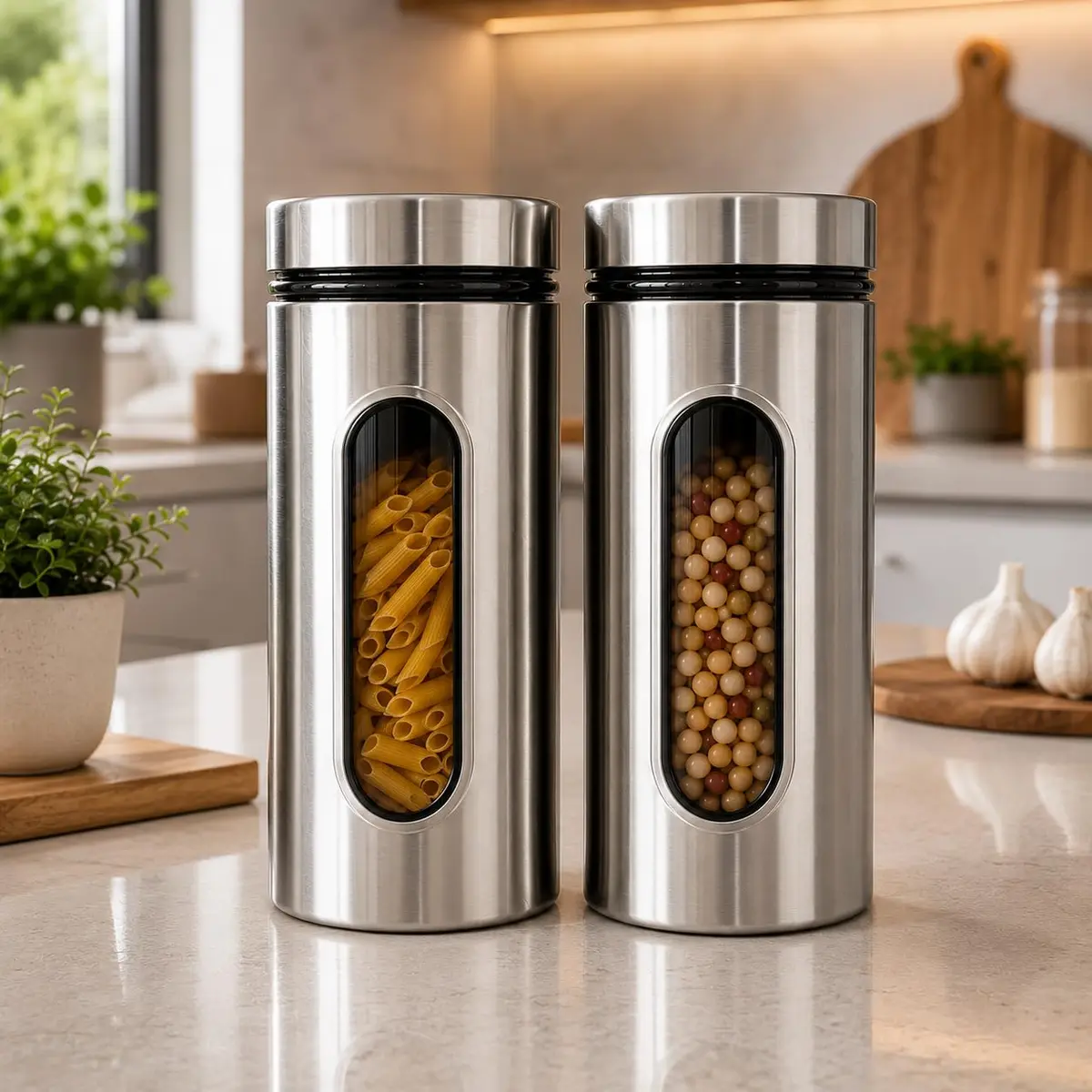 Kit Jogo Com 2 Potes Grandes 1,3L Porta Mantimentos De Inox | Com Visor De Vidro Fechamento Hermético Resistente Ideal Para Organização Cozinha