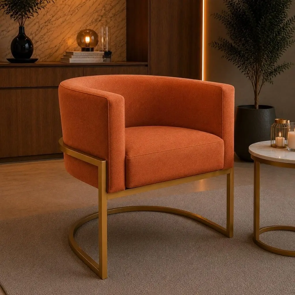 Poltrona em Veludo com Base Dourada para Sala e Consultório(TerraCota) | Design curvo com veludo macio, espuma de alta densidade e base metálica dourada para sala, recepção ou escritório - 1