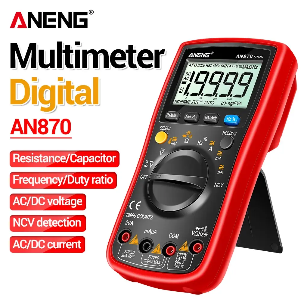 Multímetro Digital Profissional ANENG AN870 com Auto Range, 19999 Contagens, True RMS, Testador de Tensão AC/DC, Corrente, NCV e Transistor 1000V