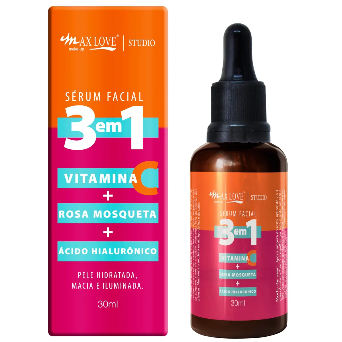 Max Love Serum Facial 3 em 1 Vitamina + C Rosa Mosqueta + Ácido Hialurônico - Pele Hidratada, Macia e Iluminada 30ml - 1