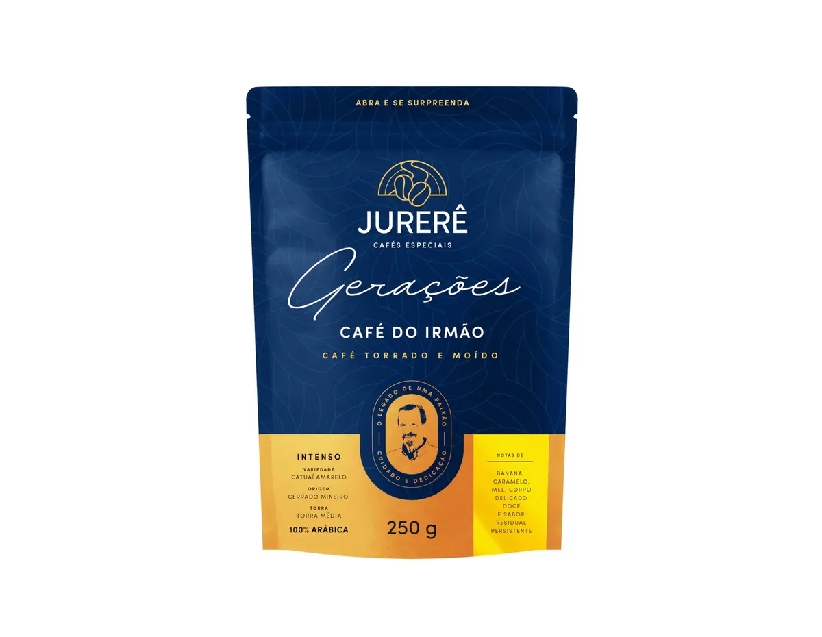 Café Jurerê Especial Moído 85+ Do Irmão, 100% Arábica, Notas Banana Caramelo Mel, Catuaí Amarelo, Cerrado Mineiro, Torra Média, 250g