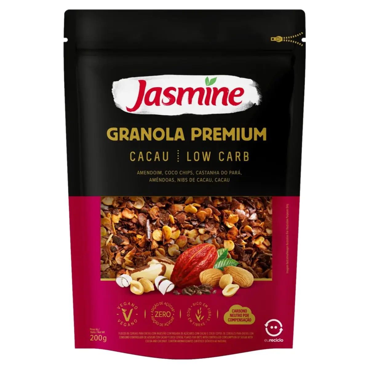 Granola Jasmine Premium, Cacau, 200g | Low Carb, Cereais e Sementes, Fonte de Fibras, Ideal para o Café da Manhã