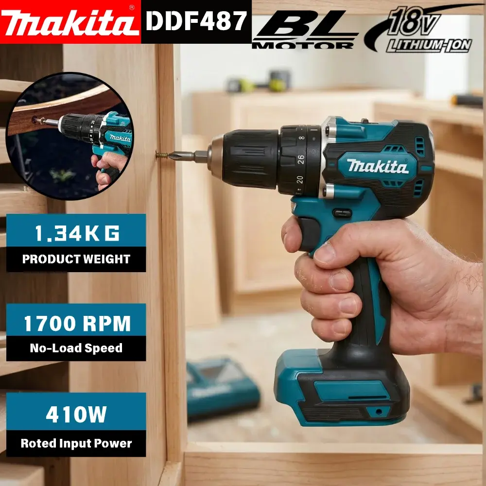 Furadeira/Parafusadeira Makita DDF487 18V sem Escovas, Mandril de 10mm, 1700RPM para Projetos de Marcenaria e Reparos Domésticos DIY