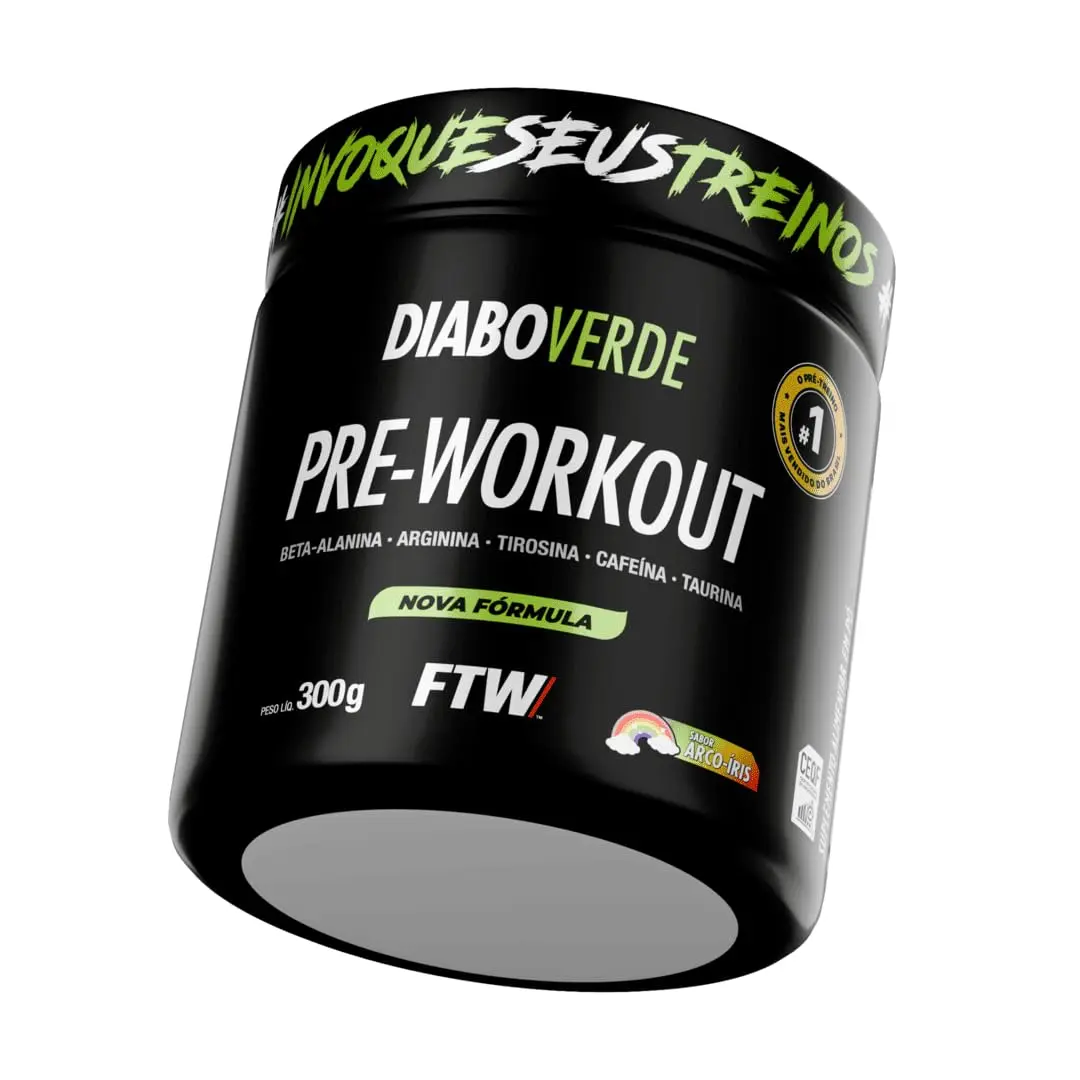 Pré Treino Pre Workout DIABO VERDE Pote 300g Sabor Arco Iris FTW - Suplemento Com Cafeína, Aminoácidos Beta‑Alanina e Arginina para Treinos e Atividades Físicas