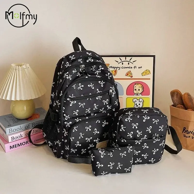 3 pçs/set bonito mochila grande capacidade arco impressão mochilas escolares de náilon à prova dwaterproof água alça ajustável viagem notebook mochila - 1