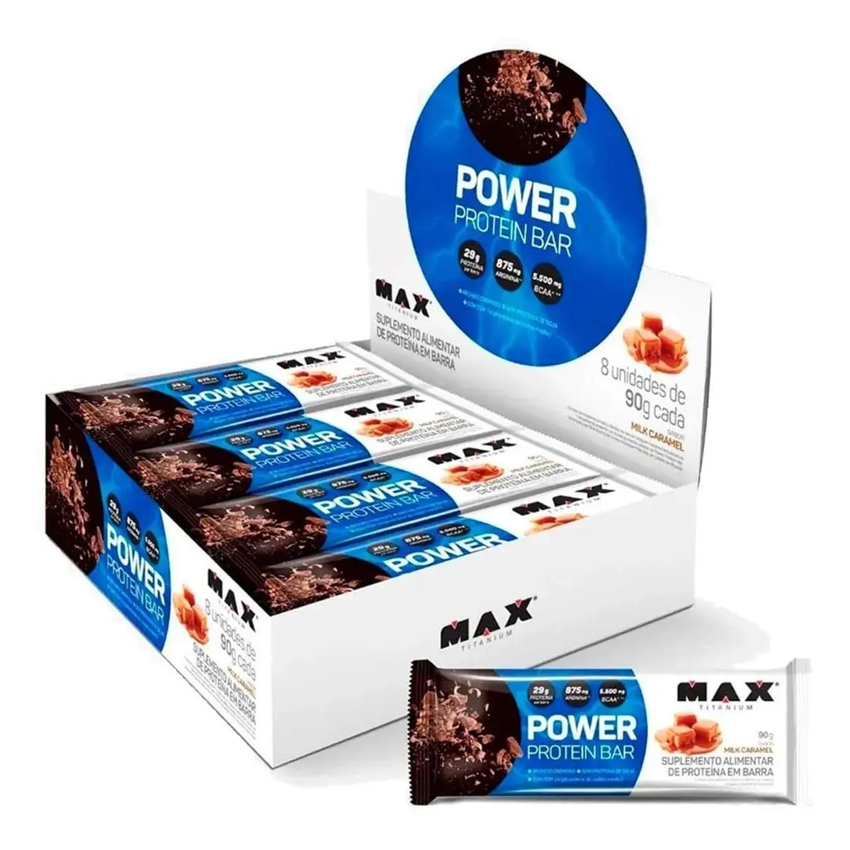 Power Protein Bar (8 unid - 90g) - Sabor Milk Caramel, Max Titanium