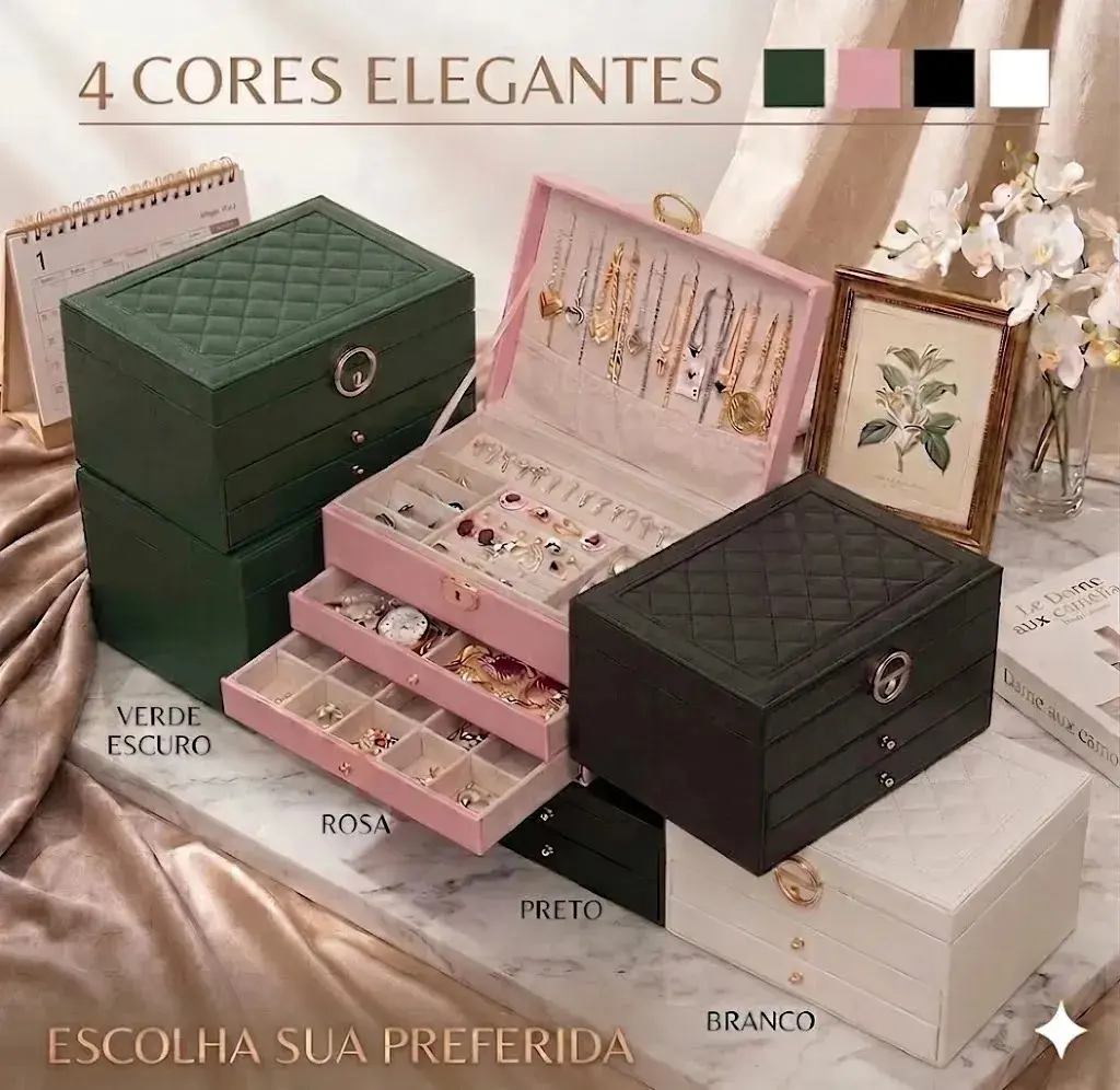 Porta Joias 3 Camadas Couro Caixa De Jóias Feminina Cor Rosa thumbnail 2