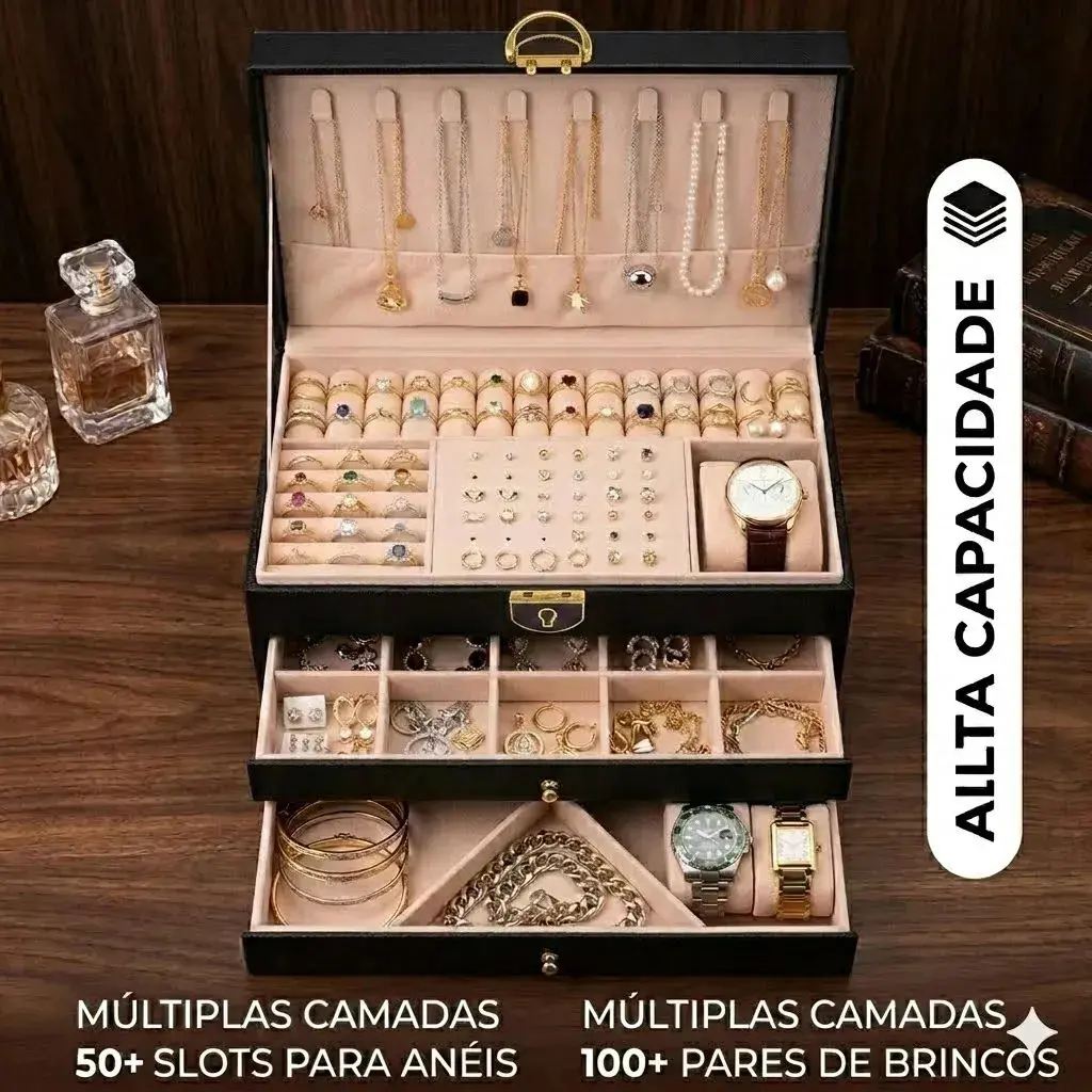 Porta Joias 3 Camadas Couro Caixa De Jóias Feminina Cor Rosa thumbnail 8