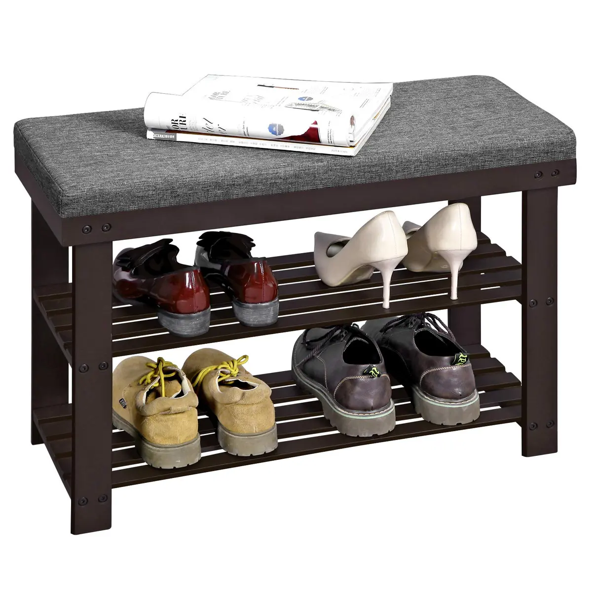 SONGMICS Banco de Bambu para Sapatos, Organizador de Sapateira de 3 Níveis para Entrada e Sala de Estar, Assento Suporta até 136 kg, 30,2 x 72 x 48,8 cm, Noz Rústica e Cinza Ardósia BRLBS604CG