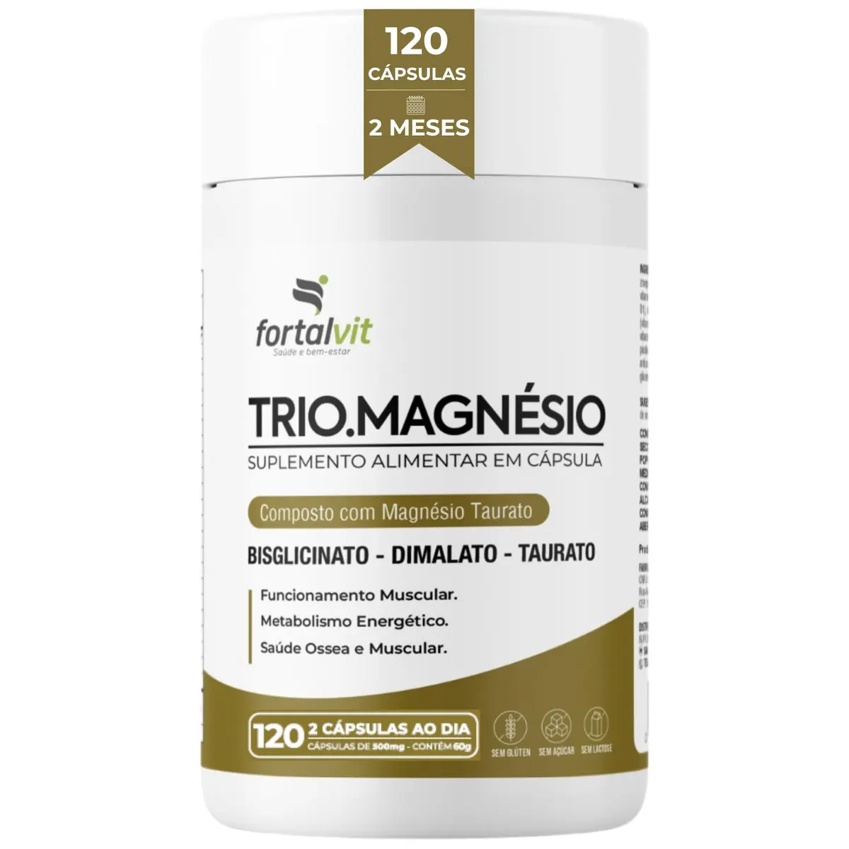 TRIO.MAGNÉSIO - Longa Duração: 2 Meses de Uso, Bisglicinato - Dimalato - Taurato, 260mg Alta Concentração,120 Cápsulas, Fortalvit - 1