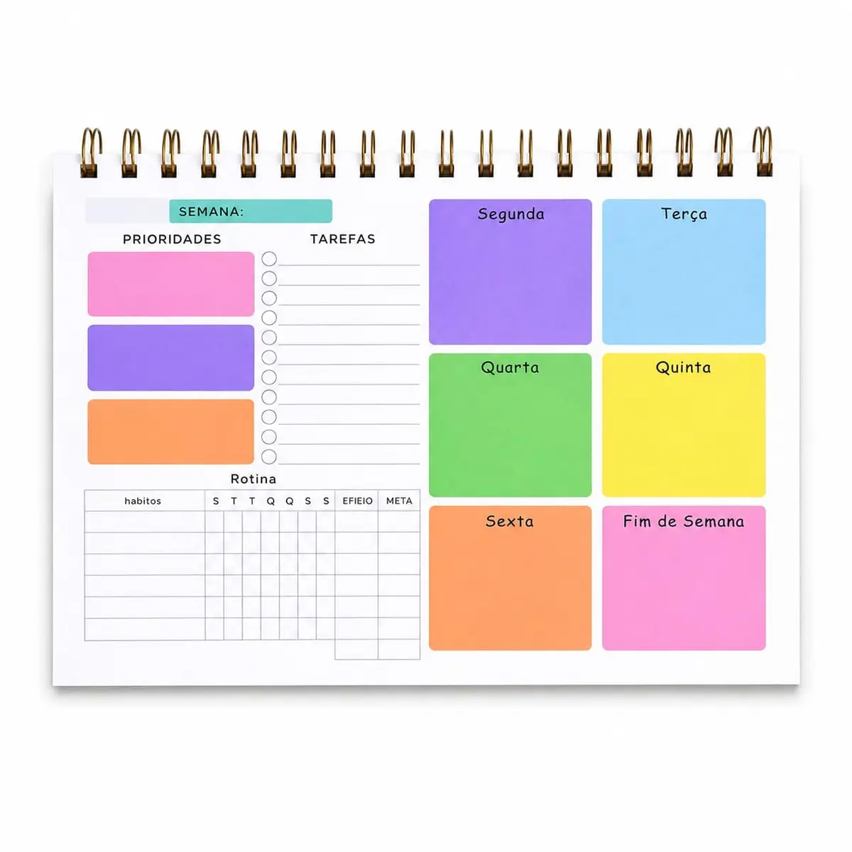 Planner Semanal Colorido com Espiral – 50 Folhas Organização de Tarefas Prioridades e Hábitos Layout Completo para Casa Trabalho ou Estudos