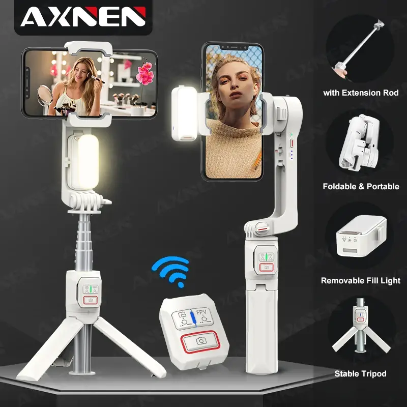 AXNEN A10 Gimbal portátil Smartphone Estabilizador com haste de extensão de luz de preenchimento Bastão de selfie remoto para celular para iPhone Samsung