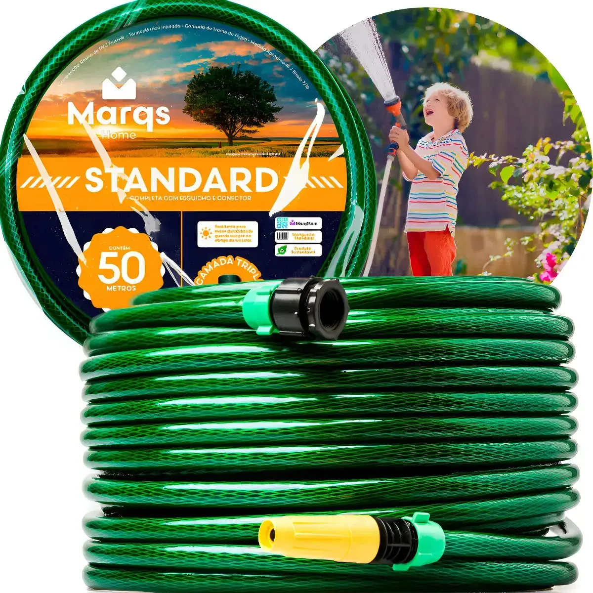 Mangueira De Jardim 50m Metros Com Esguicho Trançada Reforçada Flexível 7/16 Anti Dobra Irrigação Quintal Poço Lavagem Durável Marqs Home - 1