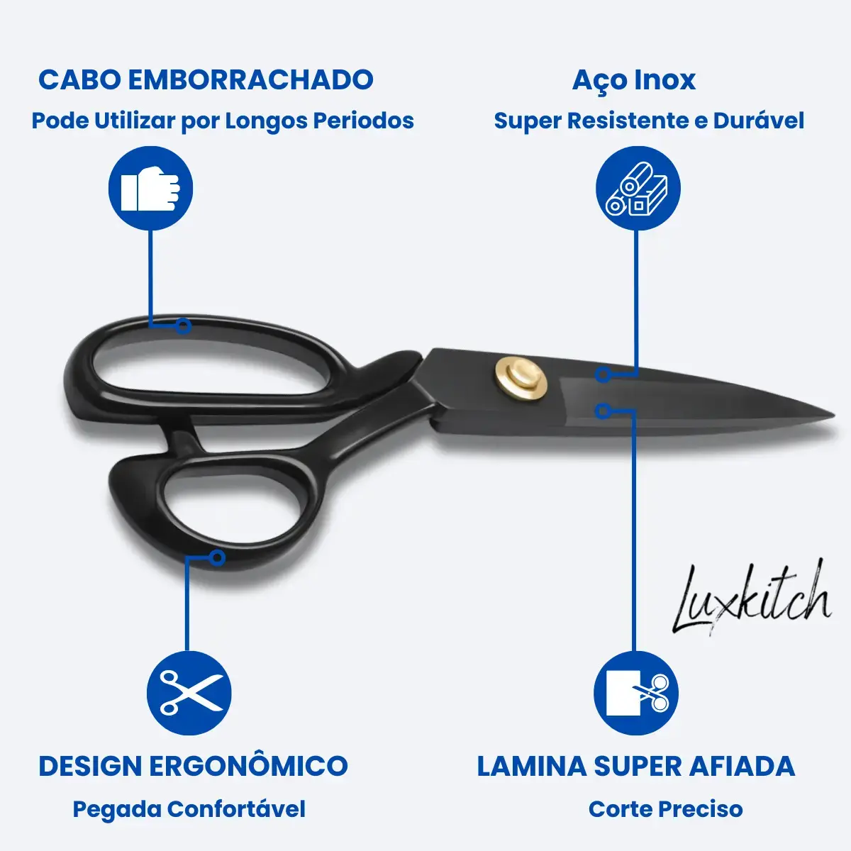 Tesoura Alfaiate Costura Profissional 8 Polegadas Titanium Roupas Tecidos Jeans Couro Cabo Emborrachado Luxkitch thumbnail 2