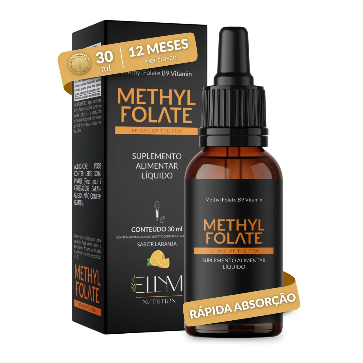 Vitamina B9 Metilfolato Acido Folico 500mcg Sublingual 30ml ELLYM NUTRITION | 5 MTHF Folato Ativo Sabor Laranja Auxilia Divisao Celular Sistema Imune Homocisteina Tubo Neural Celulas Vermelhas - 1