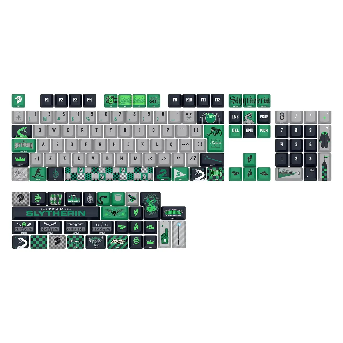 Kit de Keycaps Redragon Harry Potter Hogwart’s Special Edition Sonserina Cinza e Verde PBT Dye Sub Perfil OEM ABNT2 136 Teclas HP-942 - 1