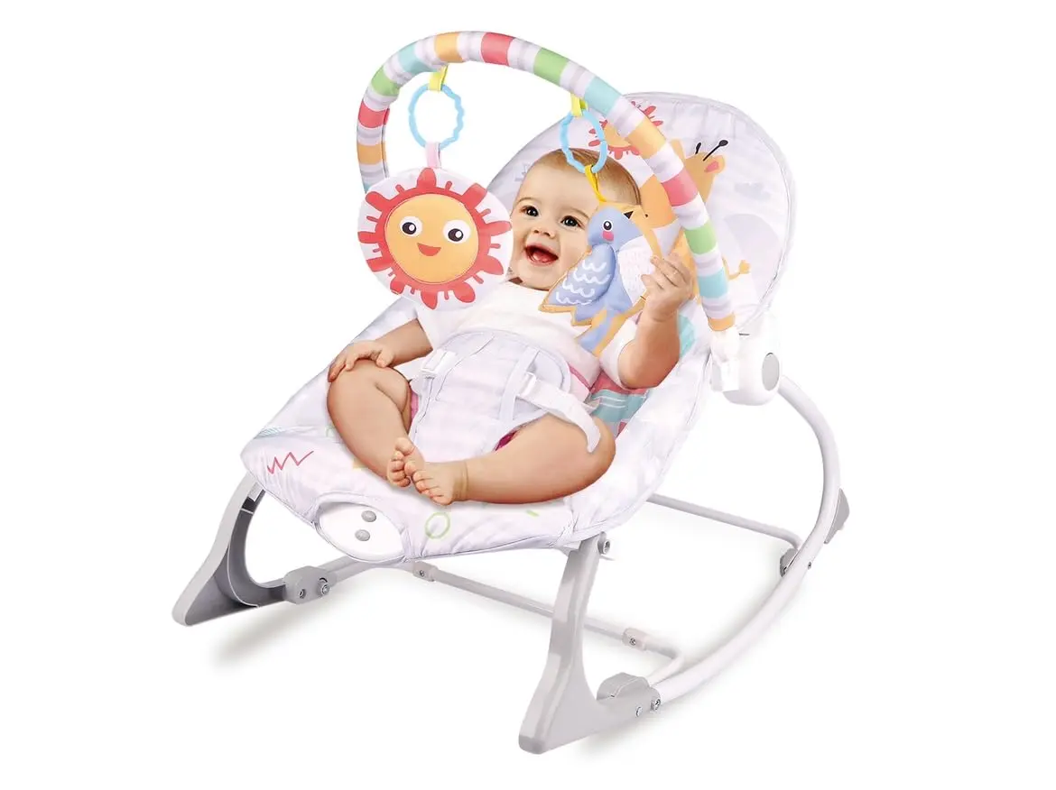 Cadeira de Descanso Bebê 5 em 1 Happy Sun 18kg com Balanço, Musical, Vibração, Barra de Brinquedos e Cinto de Segurança Acalma e Estimula o Bebê - Baby Style