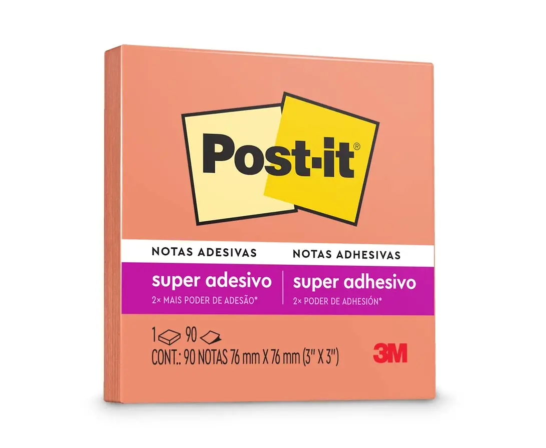 POST-IT 3M Bloco de Notas Super Adesivas Papaia 90 Folhas | 77 mm x 76 mm, Adesão Excelente, Ideais para Anotações e Recados em Superfícies Verticais, Como Paredes, Portas, Janelas - 1