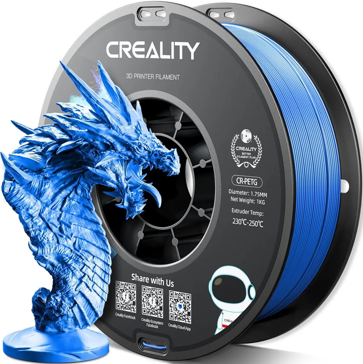 Creality Filamento PETG oficial para impressora 3D, 1,75 mm, 1 kg (2,2 lb), alta precisão, grande resistência, inodoro, melhor fluidez, filamento PETG CR para impressão 3D à prova de umidade, azul