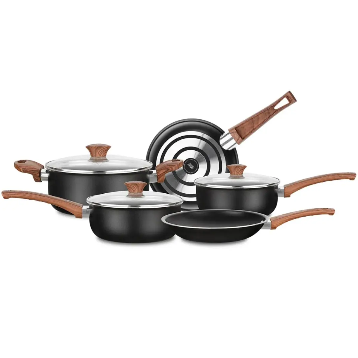 Conjunto de Panelas Vanilla Cerâmica 5 Peças – Antiaderente Cerâmico | 18cm, 20cm, Caçarola 22cm, Frigideiras 22cm e 24cm | Tampas de Vidro, Cabos Antitérmicos (VANILLA BLACK)