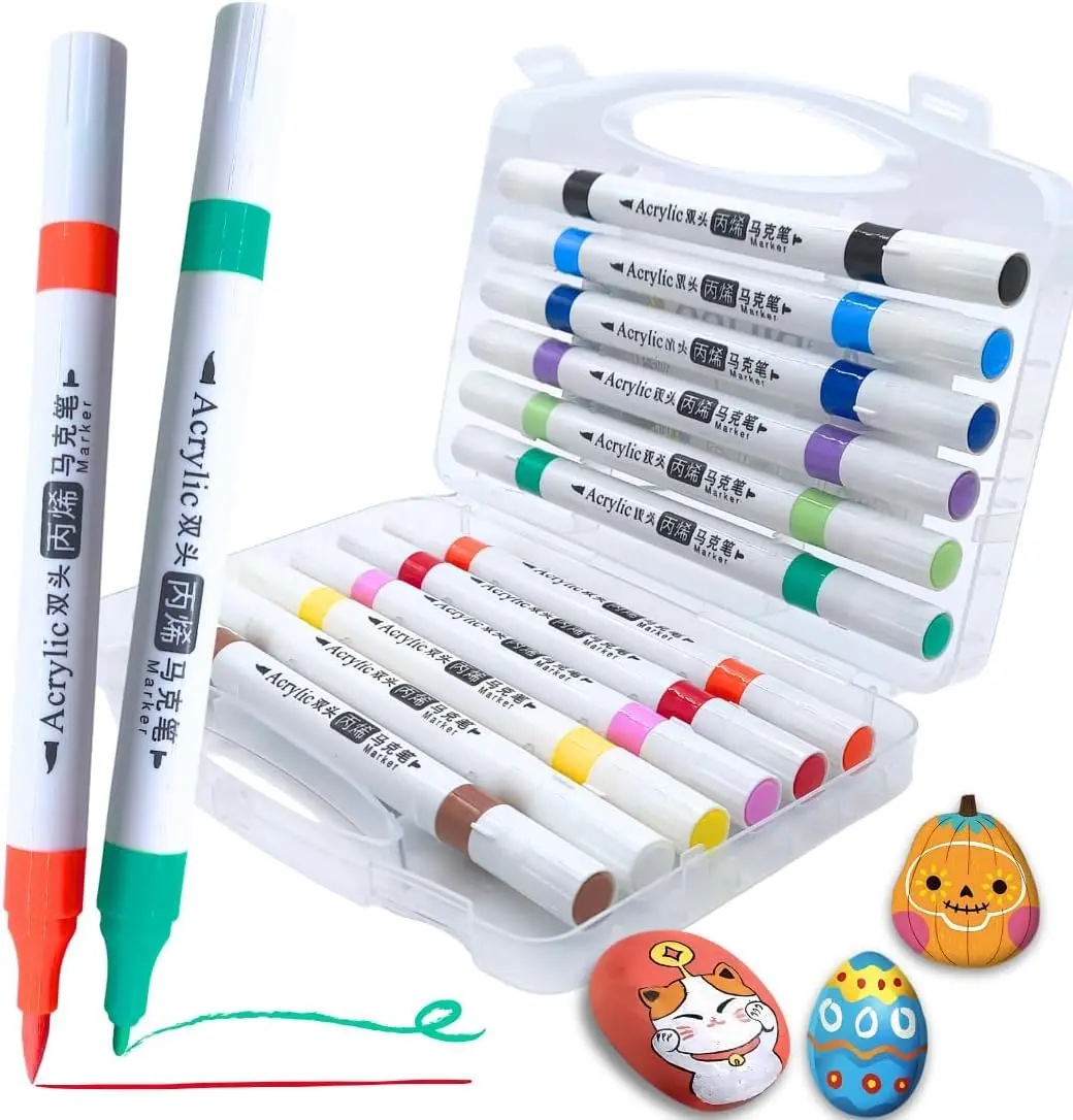 Marcadores de Tinta Acrílica, 12 Cores, Ponta Dupla Média e Cinzel para Tecidos, Pedras, Madeira, Tela, Cerâmica e Vidro - 1