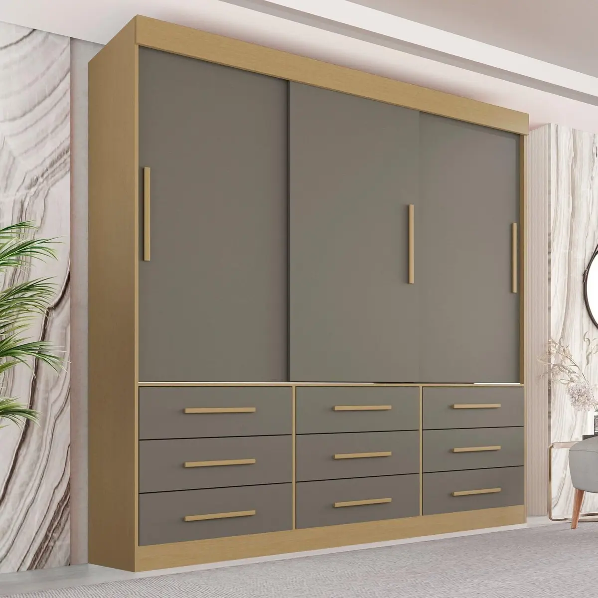 Guarda-roupa Casal 3 Portas 9 Gavetas Luana Jequitibá/Granizo