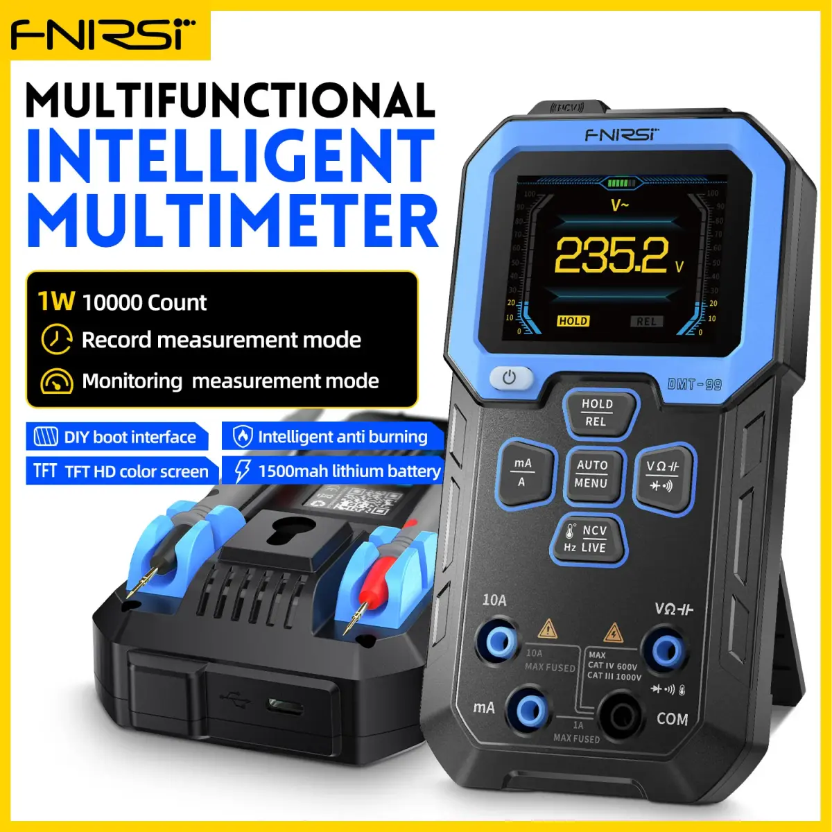 FNIRSI DMT-99 Multímetro Digital 9999 Contagens Faixa Automática 1000V 10A AC DC Tensão Resistência Capacitância Diodo NCV Hz Fio Vivo - 1