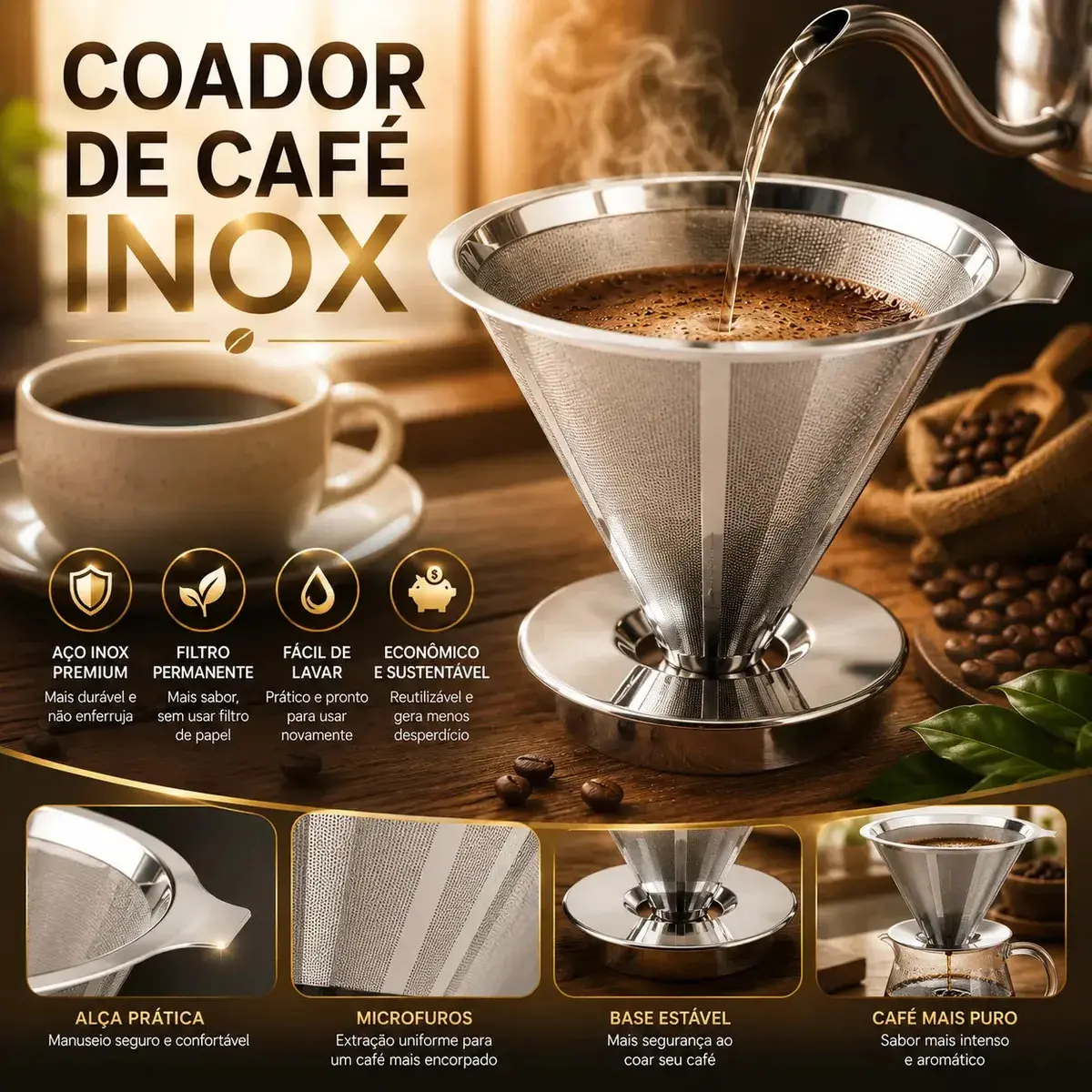 Coador De Café Inox 103 Com Filtro Permanente Reutilizável Aço Inox Premium Durável Fácil De Lavar Passador De Café Grande Sem Papel Para Café Tradicional Gourmet Pétalas Douradas - 1